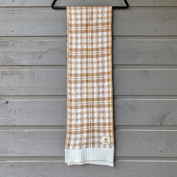 NWOT Timberlake Plaid Knit Scarf Camel Tan Cream 65" x 10" One Size Unisex - Picture 1 of 5